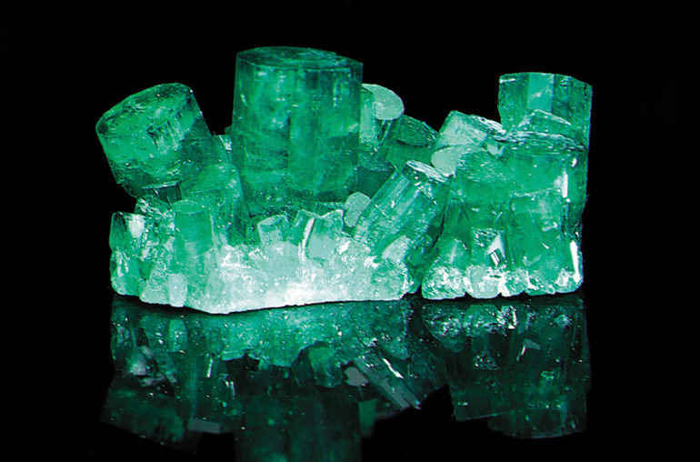 A group of lab-grown emeralds by Chatham.