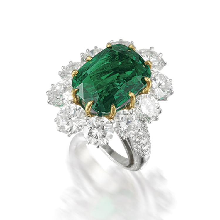 Emerald and diamond cluster ring by Harry Winston. Photo: Bonhams.