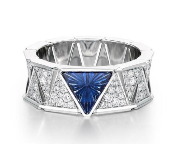 Chow Tai Fook ring with a 1.07-carat sapphire mined in Tunduru, Tanzania, and cut by John Dyer
