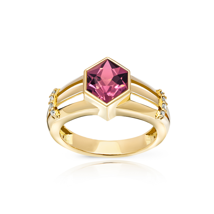 Noor Shamma ring in 18-karat gold with diamonds and hexagon pink tourmaline. (Photo: Noor Shamma)