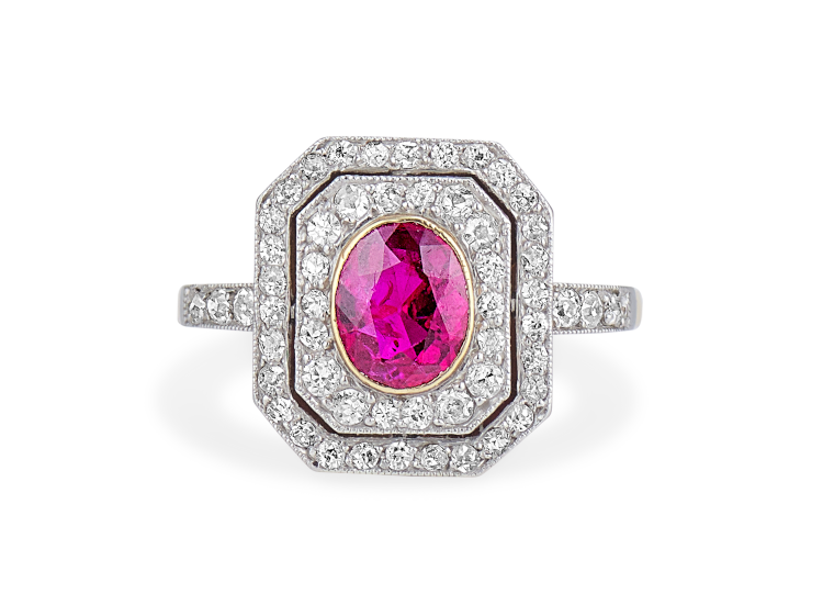 An Edwardian engagement ring in platinum and 18-karat yellow gold set with an one-carat Burmese ruby and diamonds, c. 1915, from Erstwhile. Photo: Erstwhile.  