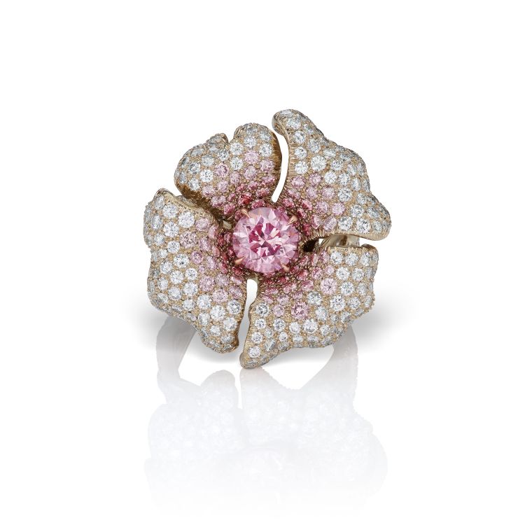 Katherine Jetter Lily ring set with a radiant, 1.15-carat Argyle pink diamond and light-to-vivid Argyle pink diamonds, and white diamonds.