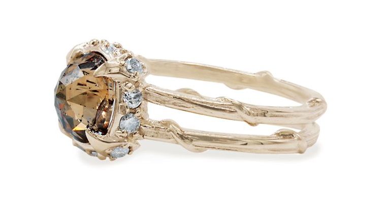 Karen Karch Captive Crown ring set with a rose-cut, golden-brown diamond, and brilliant-cut, light-gray diamonds.