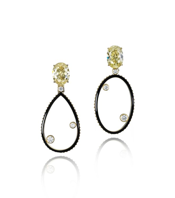 Lily Gabriella Orbit enamel earrings set with oval-cut, fancy-yellow diamonds, weighing 7.06 carats and 7.25 carats, with diamond accents. 