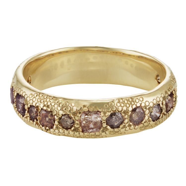 Ellis Mhairi Cameron eternity ring set with pink and lavender diamonds.