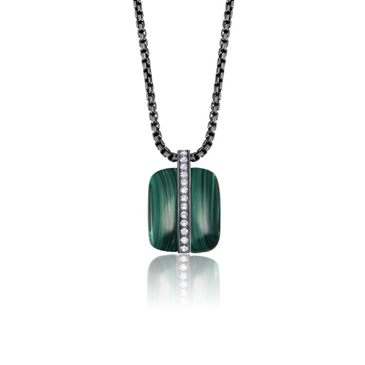 Graziela pendant set with 3.75 carats of malachite, 0.25-carats of white topaz, and black enamel accents on a 22″ round box chain. Photo: Graziela.