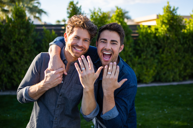 Jaymes Vaughan and Jonathan Bennett with their rings, by Kay Jewelers. Photo: Matthew Schueller.