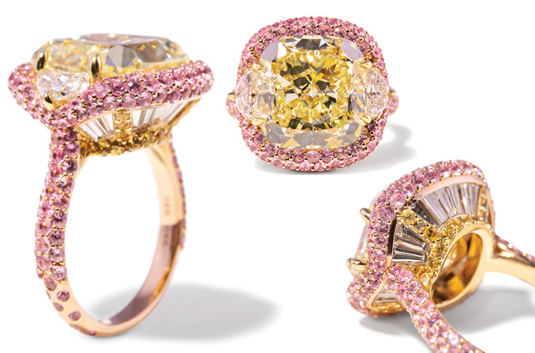 osefina Baillerès Rosa Supernova ring set with a 10.6-carat Canary diamond, flanked by half-moon diamonds, with light-pink sapphire pavé, and colorless diamond baguettes.