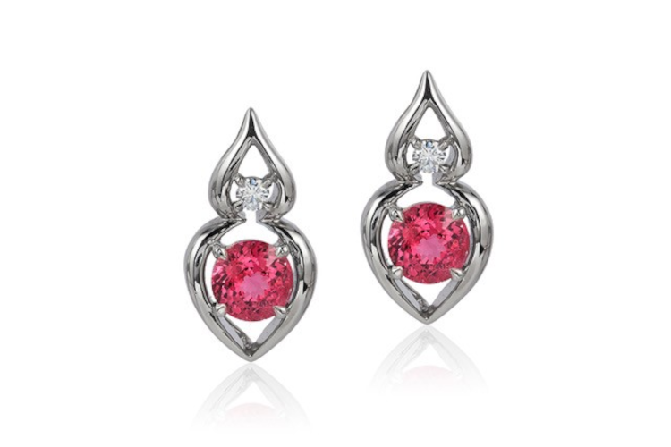 Cynthia Renée Pantea earrings in palladium featuring 2.67 carats of electric red spinel accented by 0.15 carats of fine round diamonds. Photo: Cynthia Renee.
