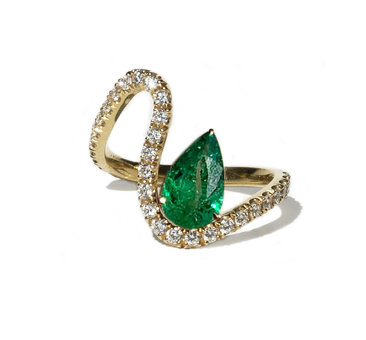 Katkim trace ring in 18-karat gold with a pear-shaped, 1.6-carat emerald and diamonds, $6,360. Photo: Katkim.