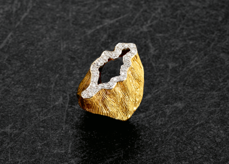 Andrew Grima open work ring in 18-karat yellow gold with single-cut diamonds, 1968. Photo: Jon Stokes.