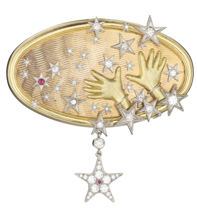 Anthony Lent Hands to the Stars brooch in 18-karat gold, platinum, diamonds and sapphire.