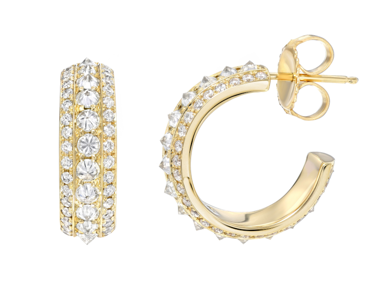 Dru Jewelry spiked hoops with inverted diamonds in the center, and beveled edges with diamonds, $7,990. Photo: Dru Jewelry.