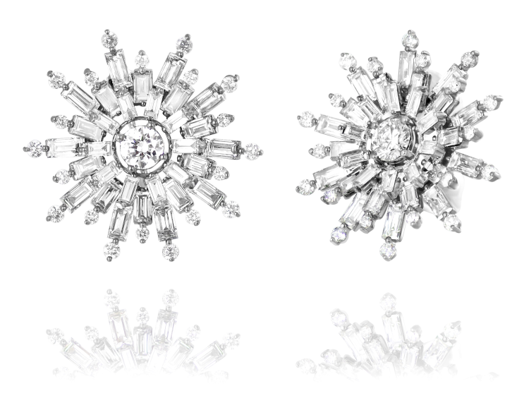 Nam Cho flower earrings in 18-karat white gold with baguette and round diamonds, $49,500. Photo: Nam Cho.