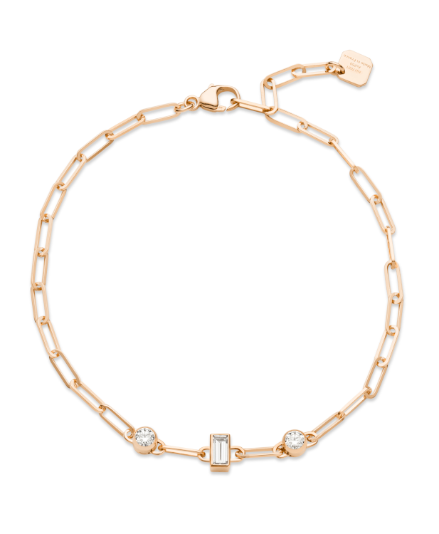 Nouvel Heritage chain bracelet in 18-karat rose gold with baguette and round diamonds, $2,100.