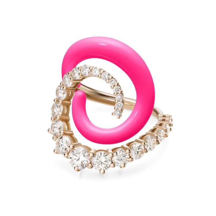 Melissa Kaye Riley ring in 18-karat pink gold ring with approximately 1.62 carats of white diamonds, and neon pink enamel. 