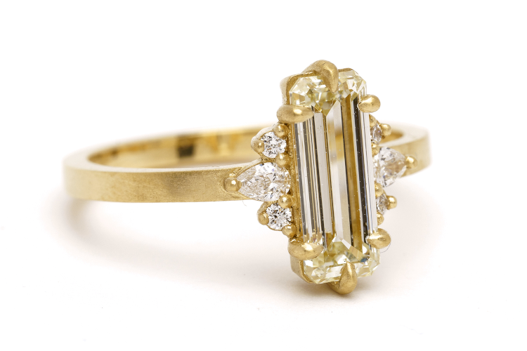 Sofia Kaman ring in 18-karat gold with an elongated emerald-cut champagne diamond, and round and pear-shaped diamond accents, $11,500. Photo: Sofia Kaman.