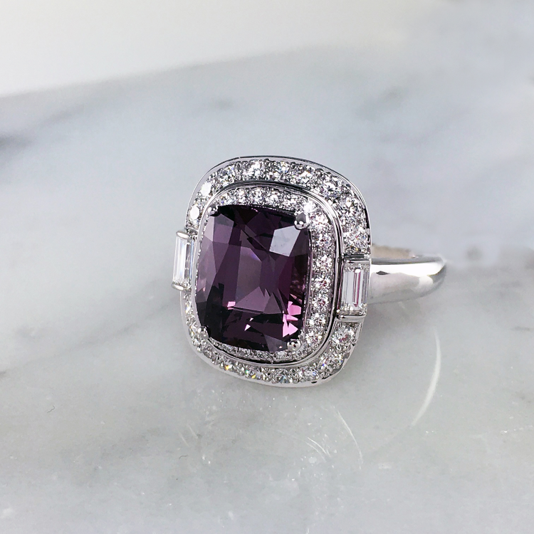 Suna ring set with a 3.85-carat purple spinel, and diamonds in 18-karat white gold. Photo: Suna.