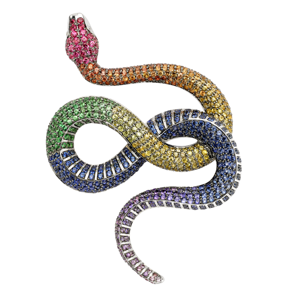 Theo Fennell venym brooch in 18-karat gold with diamonds and sapphires.