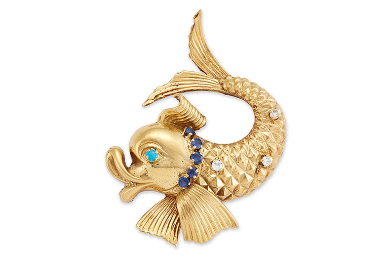 Ben Rosenfeld fish brooch with circular-cut diamonds, a sapphire collar and turquoise cabochon eye in 18-karat gold, 1962