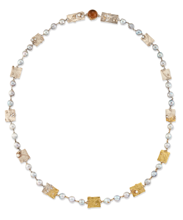 Gerda Flöckinger necklace in 18-karat gold with sliver, pearls, diamonds and citrine clasp, 1977. Photo: Jon Stokes.