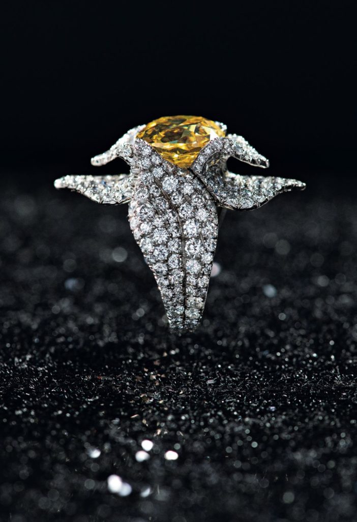 Blossoming from a band of white diamonds, a vivid yellow old mine cushion-cut diamond mounted in a titanium floral ring. Photo: Harald Gottschalk. 