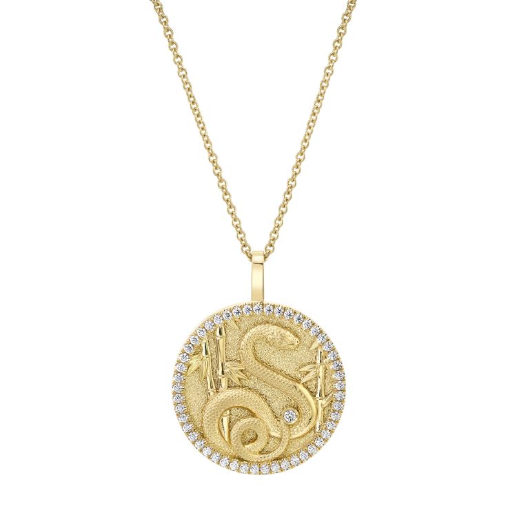 Anita Ko 18-karat gold hand-engraved Snake talisman pendant with 0.57 carats of diamonds. 