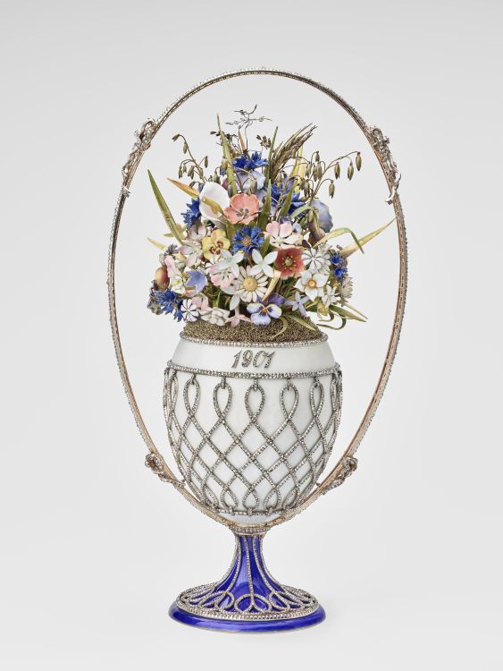 Basket of flowers egg, by Fabergé. Silver, parcel-gilt, gold, guilloché enamel, diamonds, 1901 Royal Collection Trust © Her Majesty Queen Elizabeth II 2021