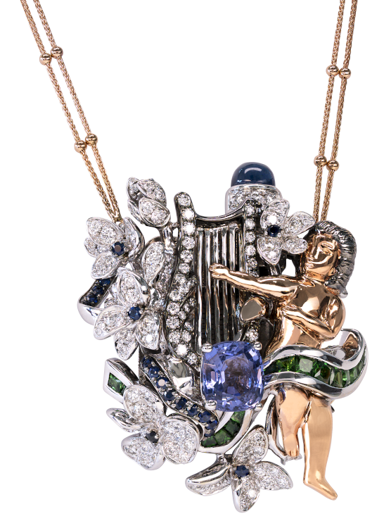 Music Box necklace with blue sapphires, chrome tourmalines, blue spinel, Tahitian pearl and diamonds. Photo: Simone Jewels.