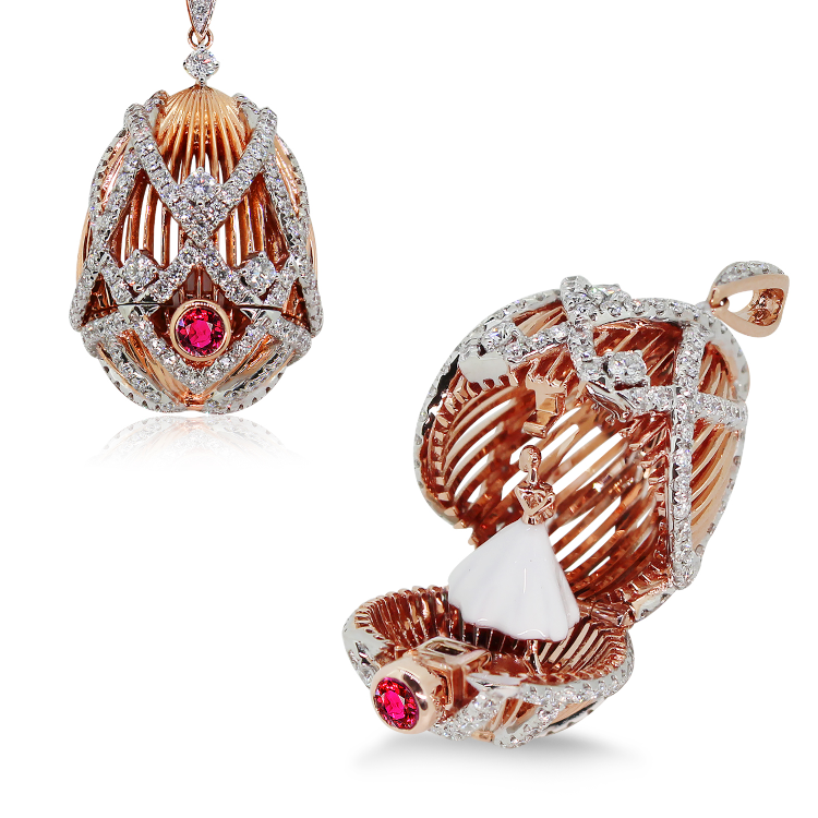 Faberge delight necklace in 18-karat white and rose gold with ruby, diamonds and enamel. Photo: Simone Jewels.