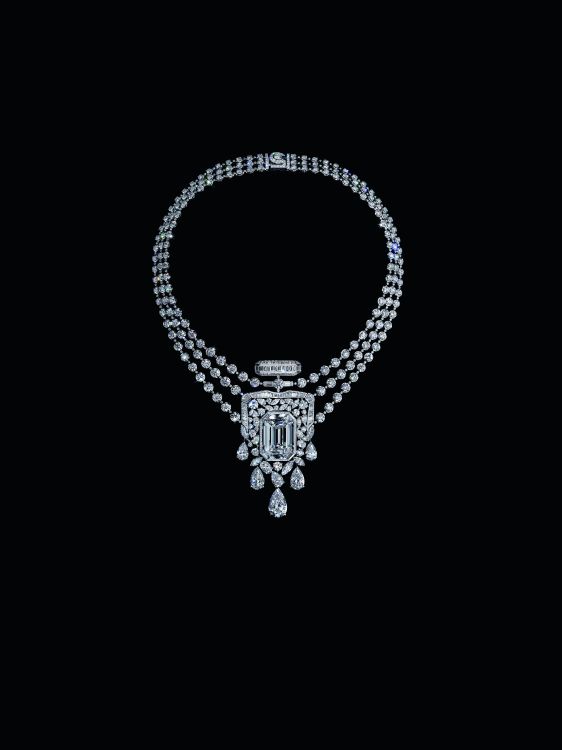Chanel 55.55 necklace in 18-karat gold and diamonds, with an octagonal, 55.55-carat diamond at the center.