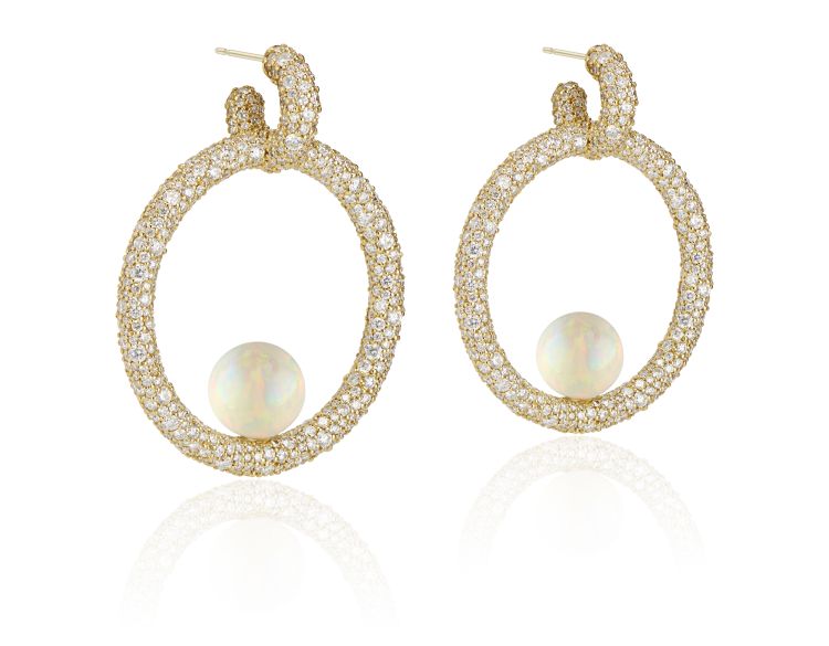Akaila Reid Pavé hoops in 18-karat yellow gold set with 12.50 carats of Ethiopian opals and 16.56 carats of diamonds. 