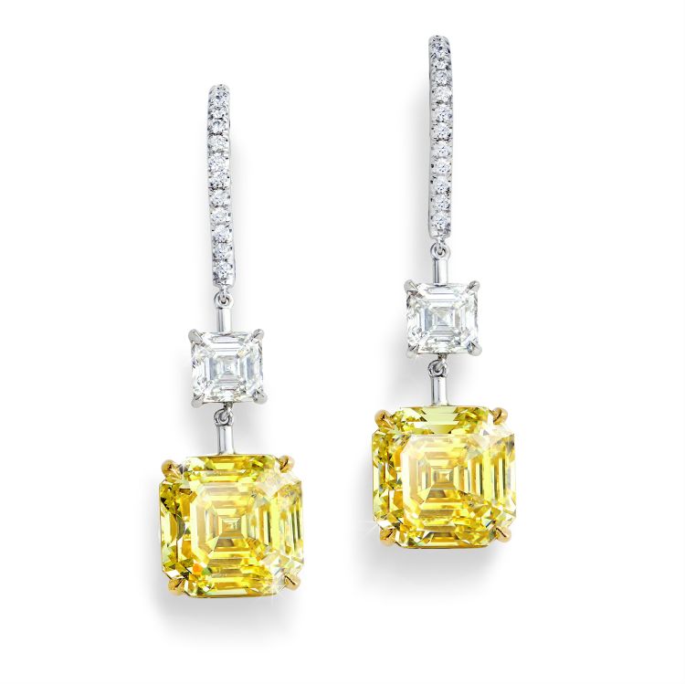 Forevermark Drop earrings in platinum and 18-karat yellow gold with 10.43 carats of vivid-yellow diamonds and additional diamonds. 