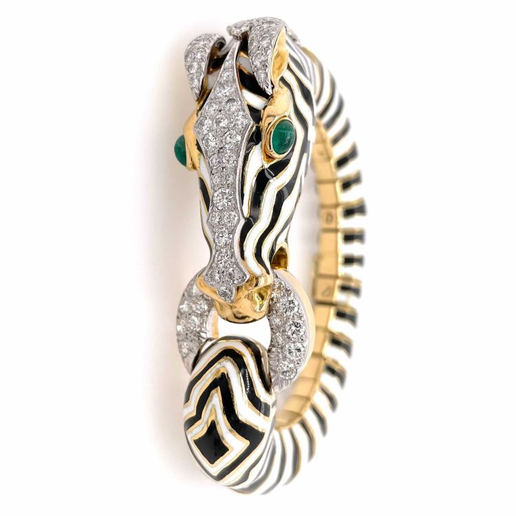 David Webb 18-karat yellow gold, platinum, enamel, diamond and emerald Zebra bracelet, from the Kingdom collection from Camilla Dietz Bergeron