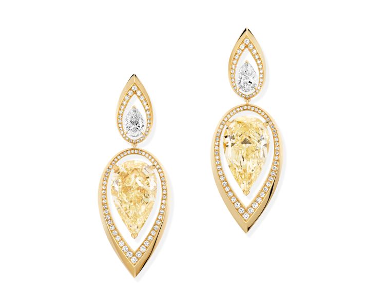 Messika Magnetic Attraction earrings in 18-karat gold and diamonds, including 25.69 carats of pear-shaped, fancy-yellow diamonds.