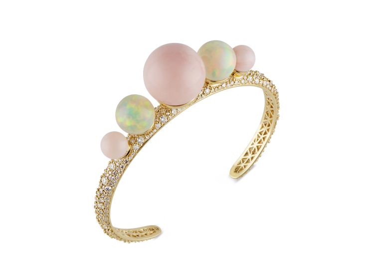Akaila Reid One-of-a-Kind Pink & Ethiopian Opal Pavé cuff in 18-karat yellow gold set with 26.27 carats of pink opals, 10 carats of Ethiopian opals, and 4.21 carats of diamonds. 
