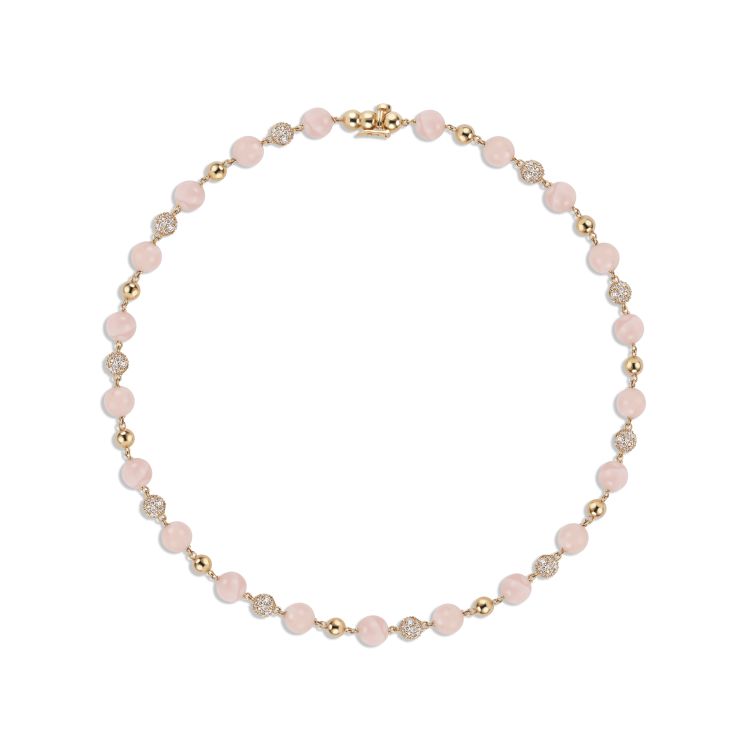 Akaila Reid Pavé Ball necklace in 18-karat yellow gold set with 32.10 carats of pink opals and 5.10 carats of diamonds. 