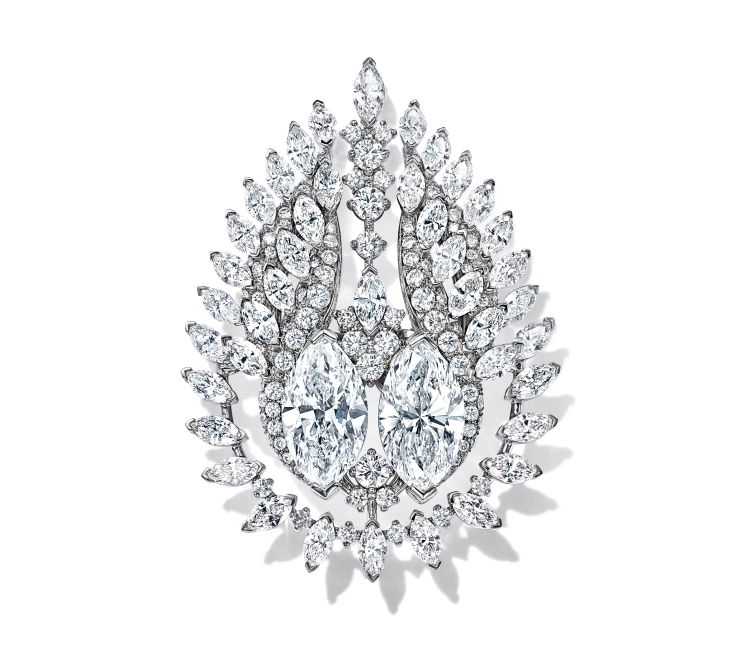 Tiffany & Co. Schlumberger L’Envol diamond and platinum brooch with two marquise diamonds totaling more than 10 carats. 
