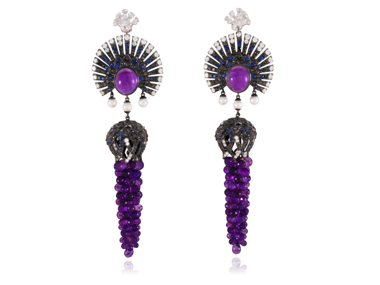 Lydia Courteille Turkey earrings in 18-karat white gold with 55 carats of amethysts, as well as diamonds, sapphires and pearls. Photo: Lydia Courteille.