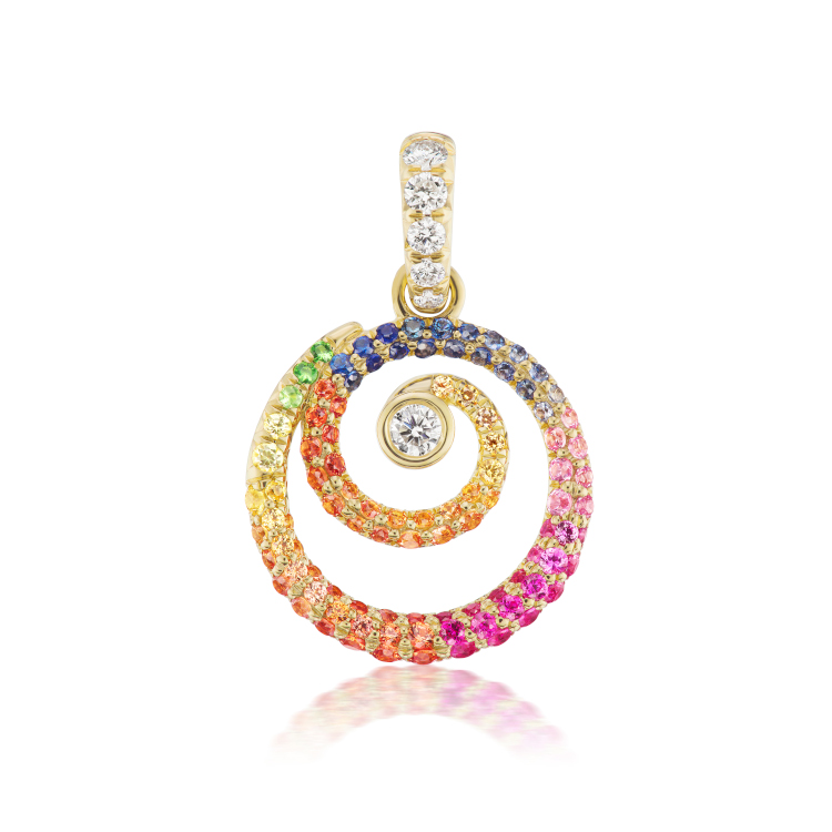 Rainbow tie-dye destiny gold pendant with a 0.06-carat white diamond and colored sapphires. Photo: Ark Fine Jewelry. 