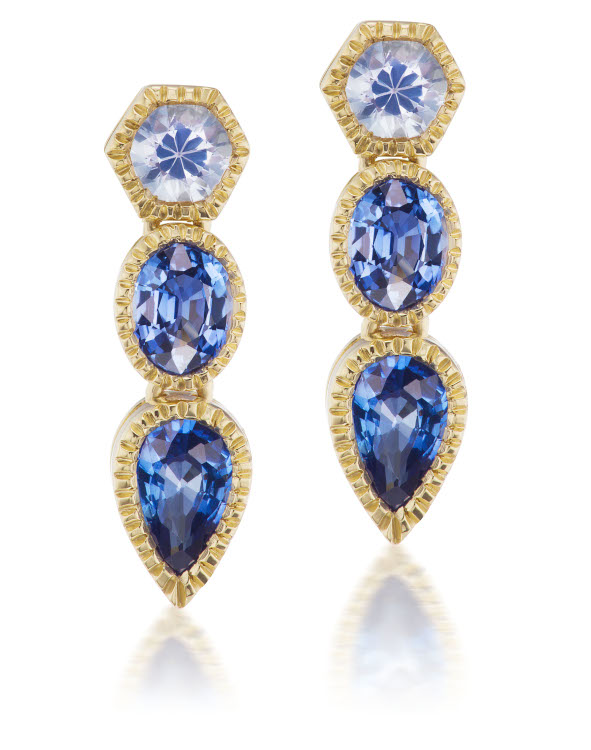 Lakshmi Three Stone Drop earrings in 18-karat gold with blue sapphires. Photo: Ark Fine Jewelry. 