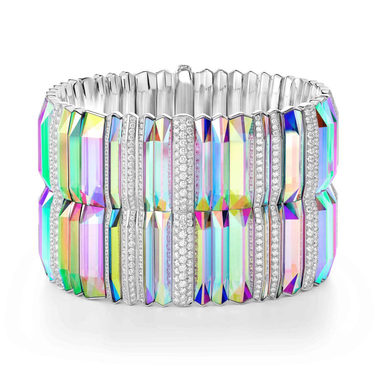Boucheron Prisme cuff in 18-karat gold, diamonds, and rock crystal with an iridescent coating. 