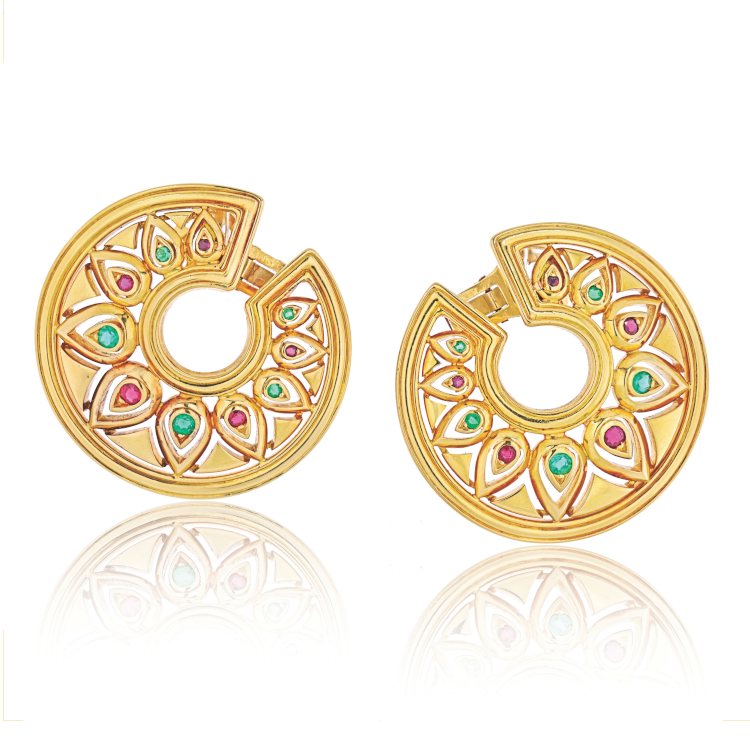 Cartier Tanjore earrings in 18-karat yellow gold with rubies and emeralds. Photo: Rick Shatz Inc.