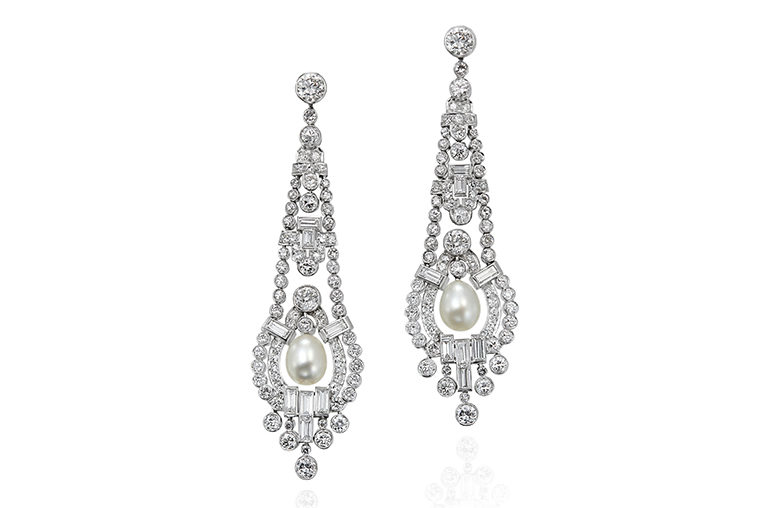 The De Young Collection Art Deco Natural Pearl and Diamond Pendent Earrings circa 1920 (unsigned)