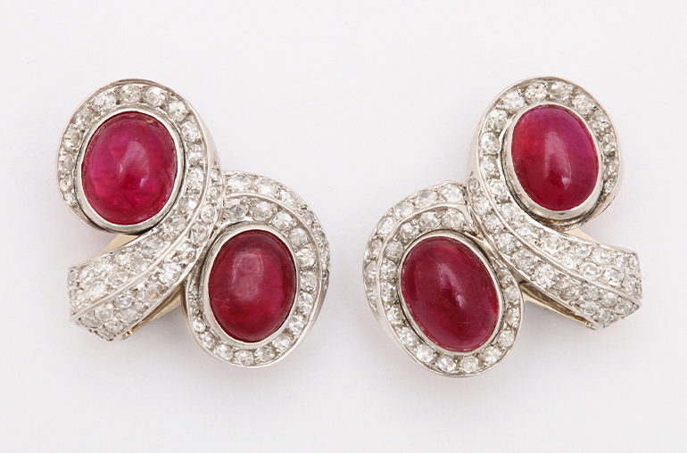 Original cabochon ruby and diamond earrings in platinum by Suzanne Belperron, from Pat Saling.