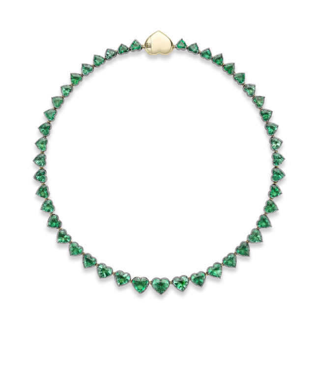 Jessica McCormack's Button Back necklace with 45 graduating heart-shaped emeralds in a Georgian cut-down setting. Photo: Jessica McCormack.