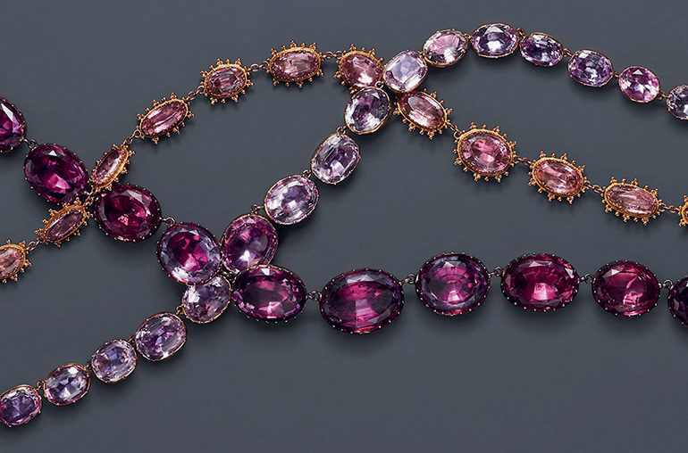 Rivière necklaces in amethyst, garnet and pink topaz, 19th century