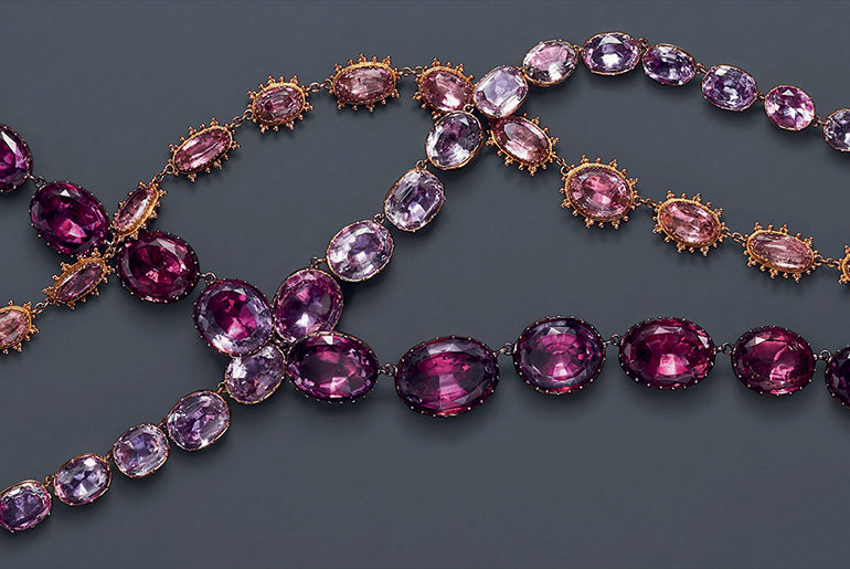 Rivière necklaces in amethyst, garnet and pink topaz, 19th century