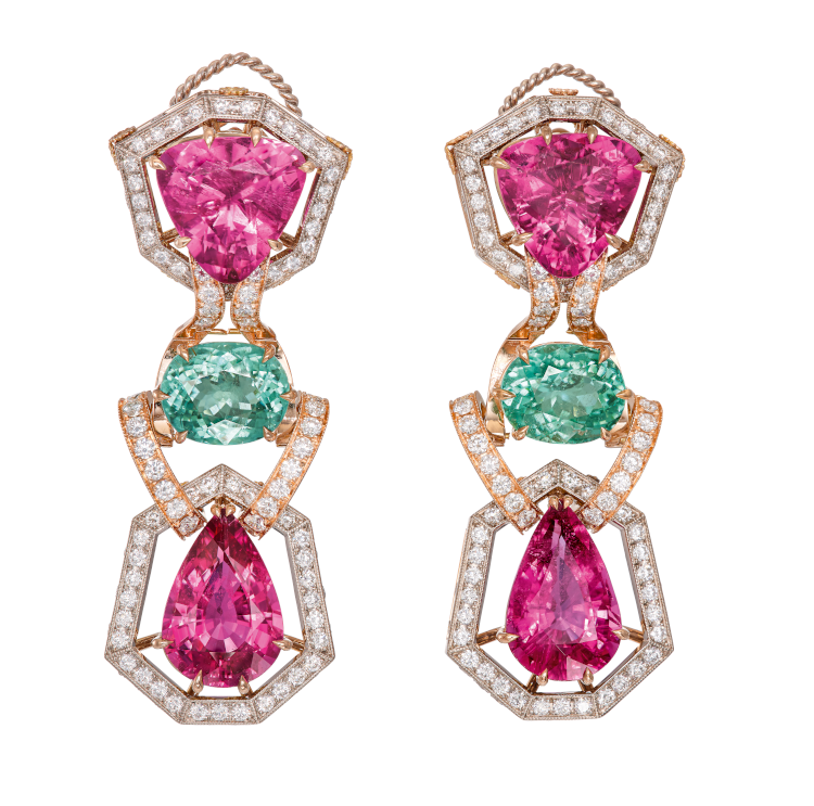 Dolce & Gabbana earrings in white and pink gold with rubellite, Paraiba tourmalines, and diamonds.
Photo: Dolce & Gabbana. 