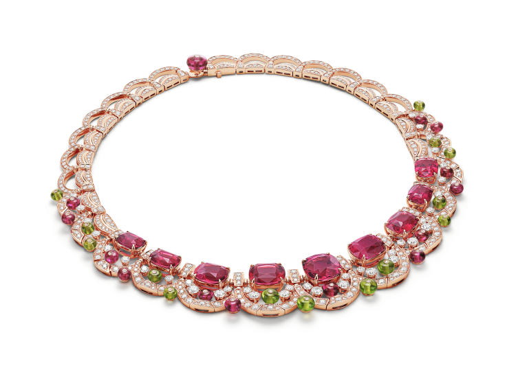 Bulgari's Magnifica necklace with 42.71-carat rubellites, peridots and diamonds. Photo: Bulgari.